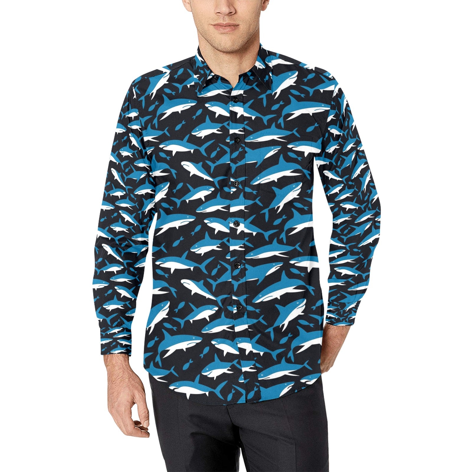 Shark Print Design Lks303 Long Sleeve Dress Shirt