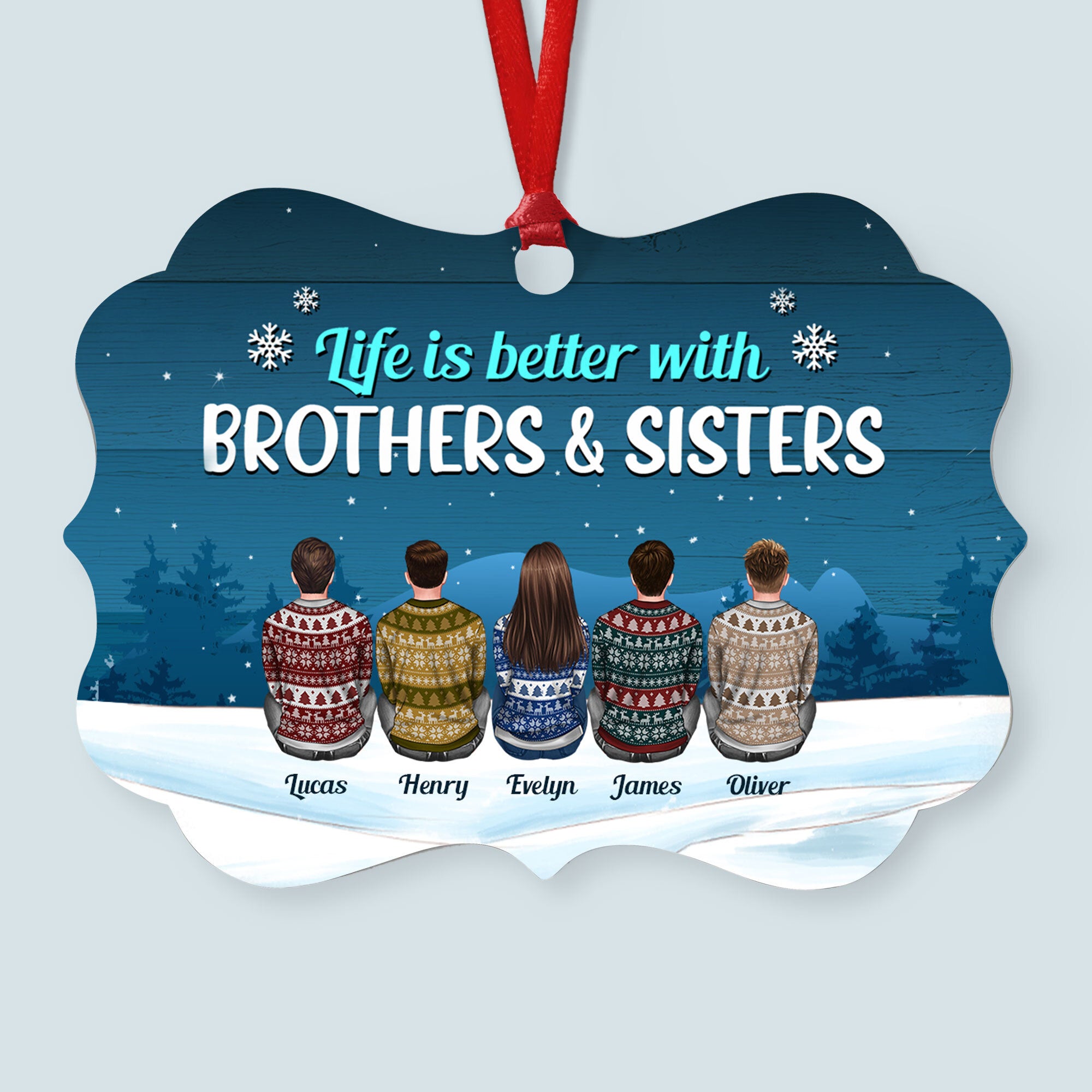 Brothers And Sisters Never Apart – Personalized Aluminum Ornament – Christmas Gift For Brothers, Sisters – Ugly Christmas Sweater Sitting