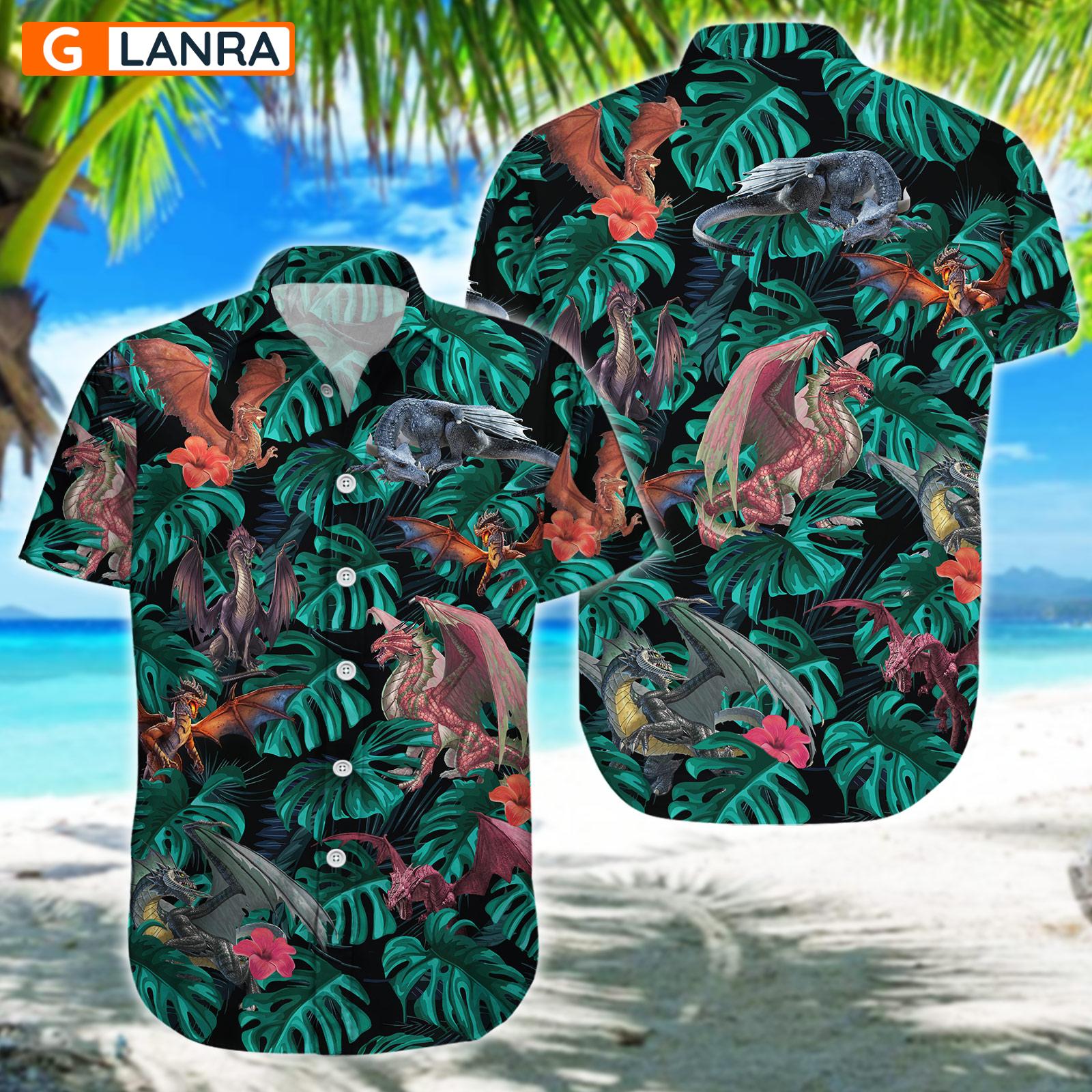 Dragon Palm Leaves Flower Button Shirt, Dragon Button Shirt, Summer Dragon Hawaiian Shirt, Dragon Leaf Hawaiian Shirt, Summer Tropical Shirt