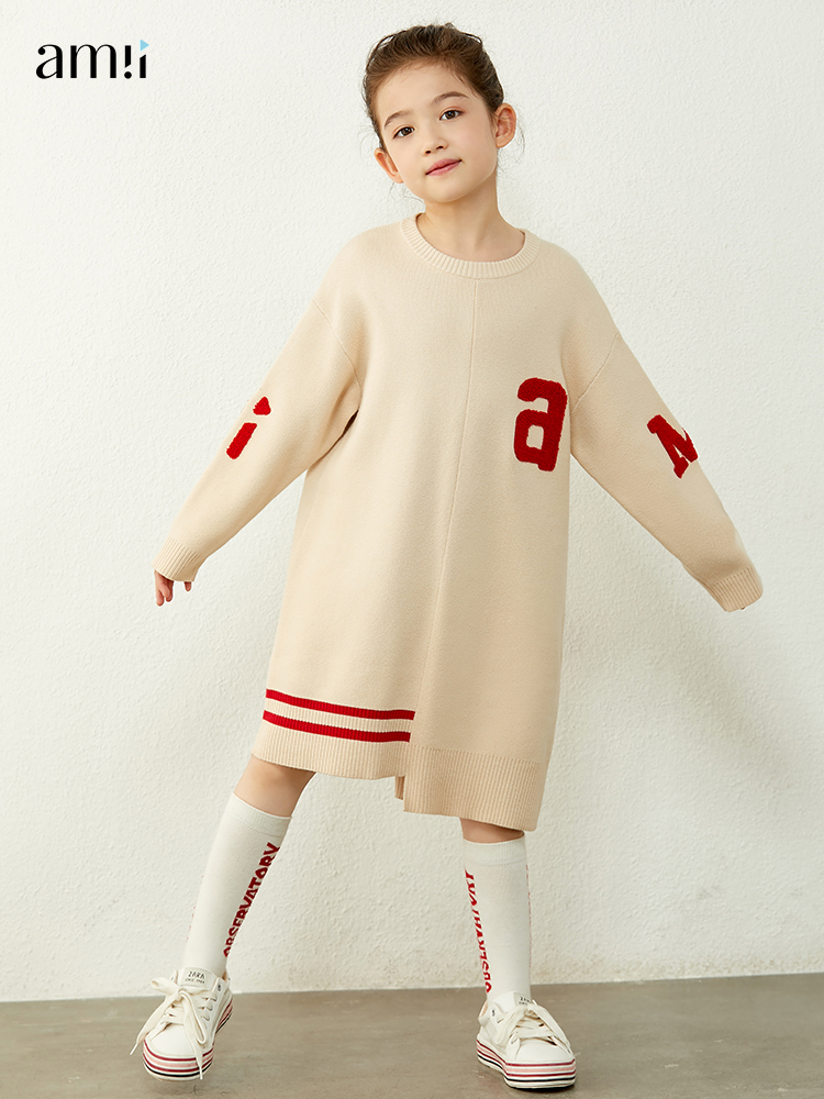 Amii Kids Sweater Dress for Girls 2022 Autumn Winter 3-12y 100% Cotton Long Sleeves Embroidery Asymmetrical Midi Dress 22230092 alx