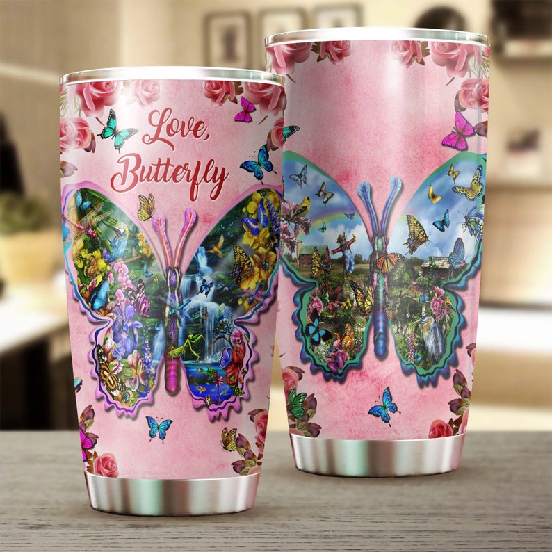 Butterfly Love Beautiful Waterfall Butterfly Tumbler-Unique Gift Tumbler-Birthday Gift Christmas Gift For Butterfly Lover Christians