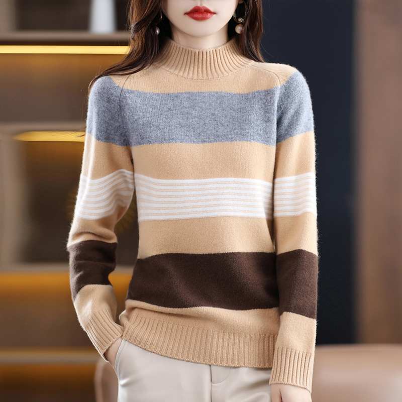 Turtleneck Women Sweaters Striped Knitwears Pullover Cashmere Female Clothing 100% Wool Long Sleeve Tops Knitted Fashion Jumpers alx