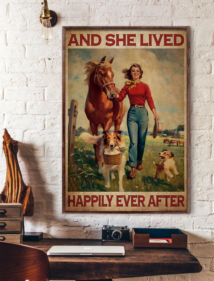 And She Lived Happily Ever After Girl With Horse And Dogs – Best Idea Gift , Gift For Home Decor, Gift For Family – Horizontal Canvas Matte Canvas Wall Art