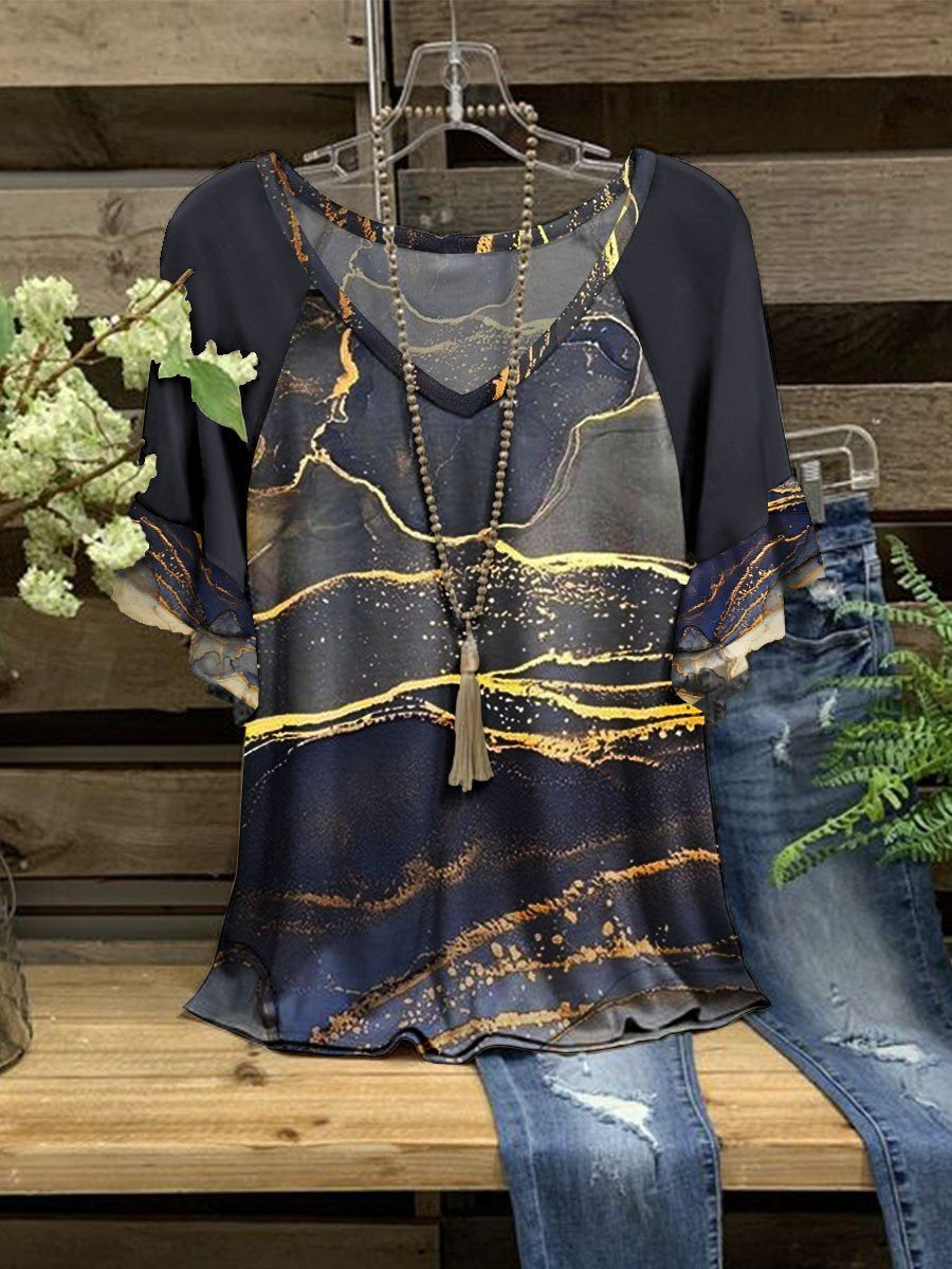 Women’S Marble Print V-Neck Casual Top