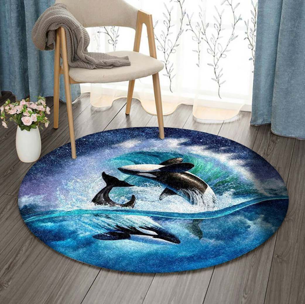 Dolphins Round Carpet, Vintage Rug