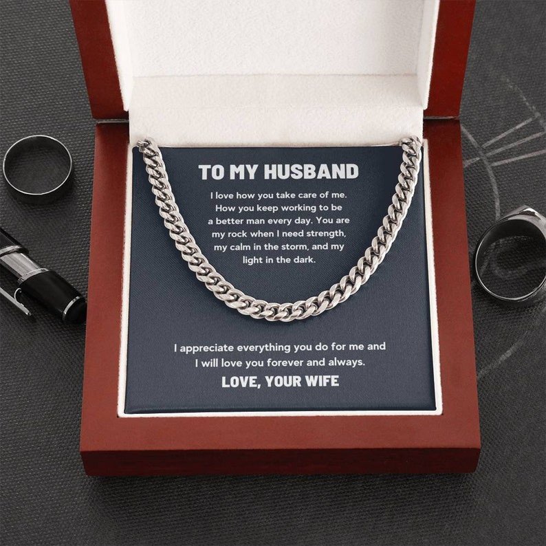 Valentines Day Gifts For Him, Cuban Link Chain Necklace For Husband My Light In Dark, Stainless Steel Gold Finish Box With Message Card