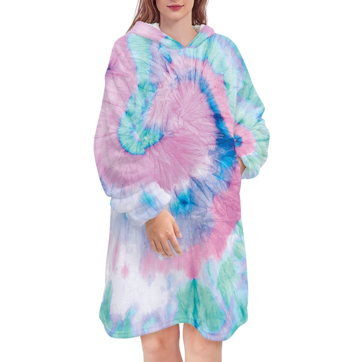 TOADDMOS Tie Dye with Music Note Hoodies Winter Flannel Blanket Sleeves Fleece Women Men Hooded Sweatshirt Sherpa Blanket Hoody alx