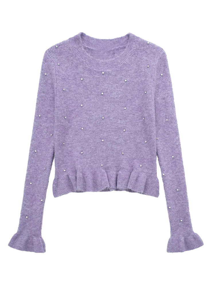 TRAF 2022 Autumn Purple Knitted Sweater Women Beaded Cropped Sweater Woman Jumper Ruffle Long Sleeve Knit Top Women’s Pullover alx