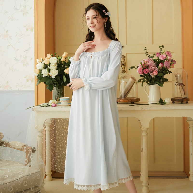 Spring Long-Sleeved Cotton Nightgown Women’s Palace Princess Vintage Night Dress Women Lace Sweet Long Sexy Sleepwear Sleep Tops alx