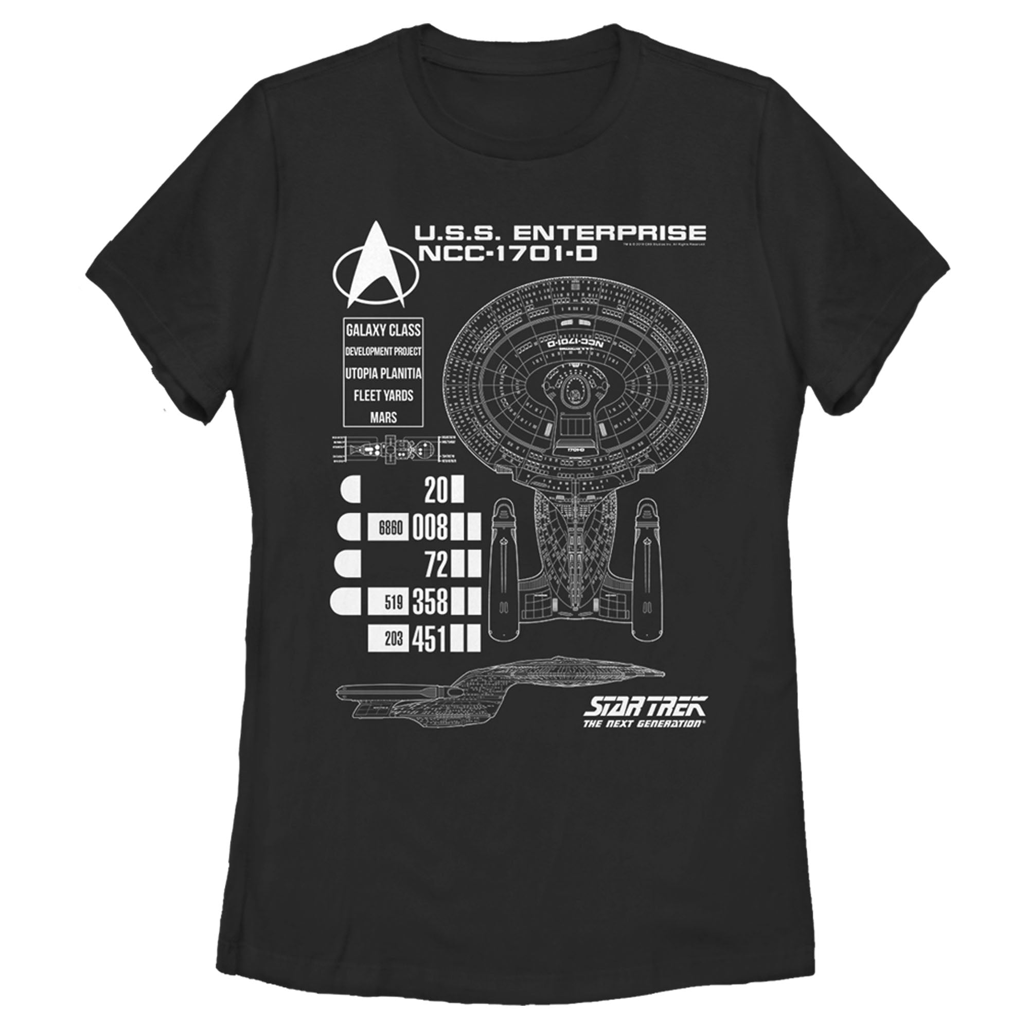 Women’S Star Trek: The Next Generation Enterprise Galaxy Class Ncc-1701-D Schematics T-Shirt