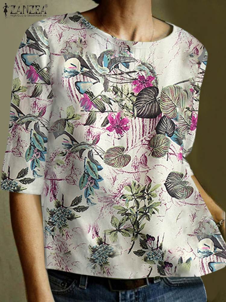 ZANZEA Half Sleeve O-Neck Woman Shirt Summer Floral Print Blouse Bohemian Cotton Tunic Tops Elegant Causal Pleated Design Shirt alx