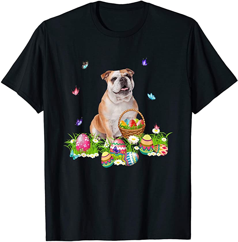 Bulldog Bunny Dog With Easter Eggs Basket Butterflies T-Shirt