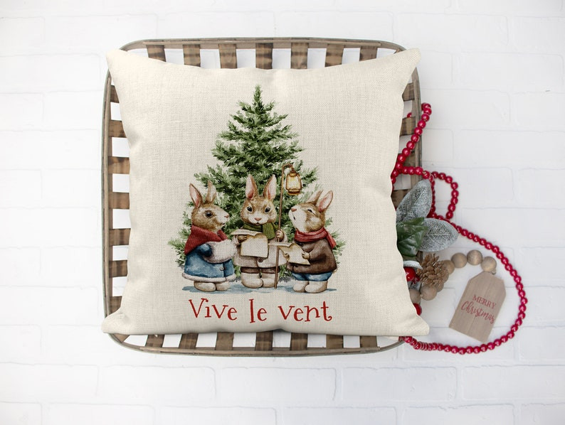 Christmas Pillow, The Rabbit Choir With Xmas Tree, Throw Pillow Farmhouse Decor