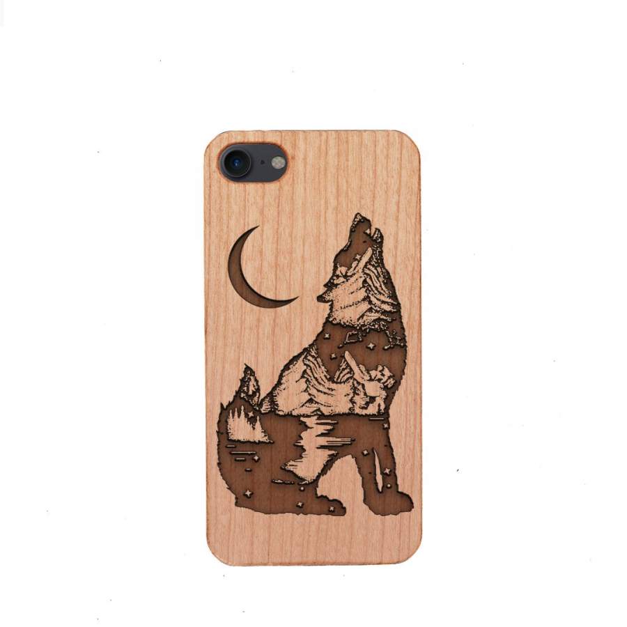 Wood Phone Case for Universal Models -Wolf Forest Crescent 009