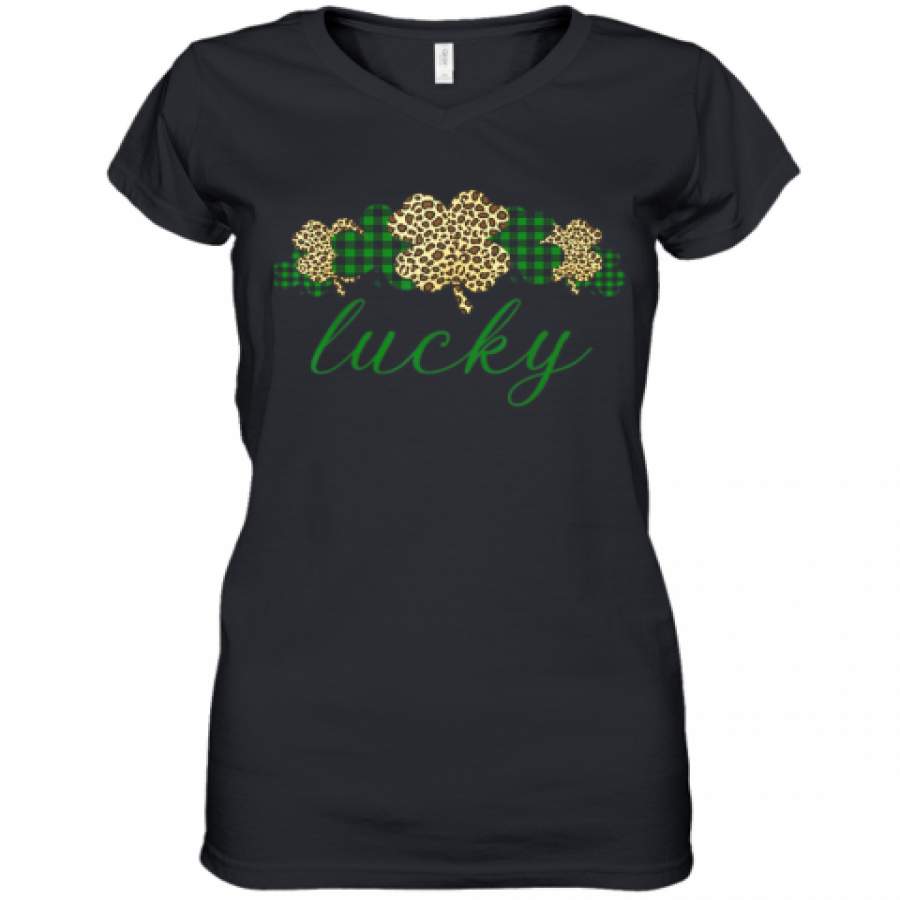 Buffalo Plaid Leopard Shamrock Clover Lucky St Patricks Day Women's V-Neck T-Shirt