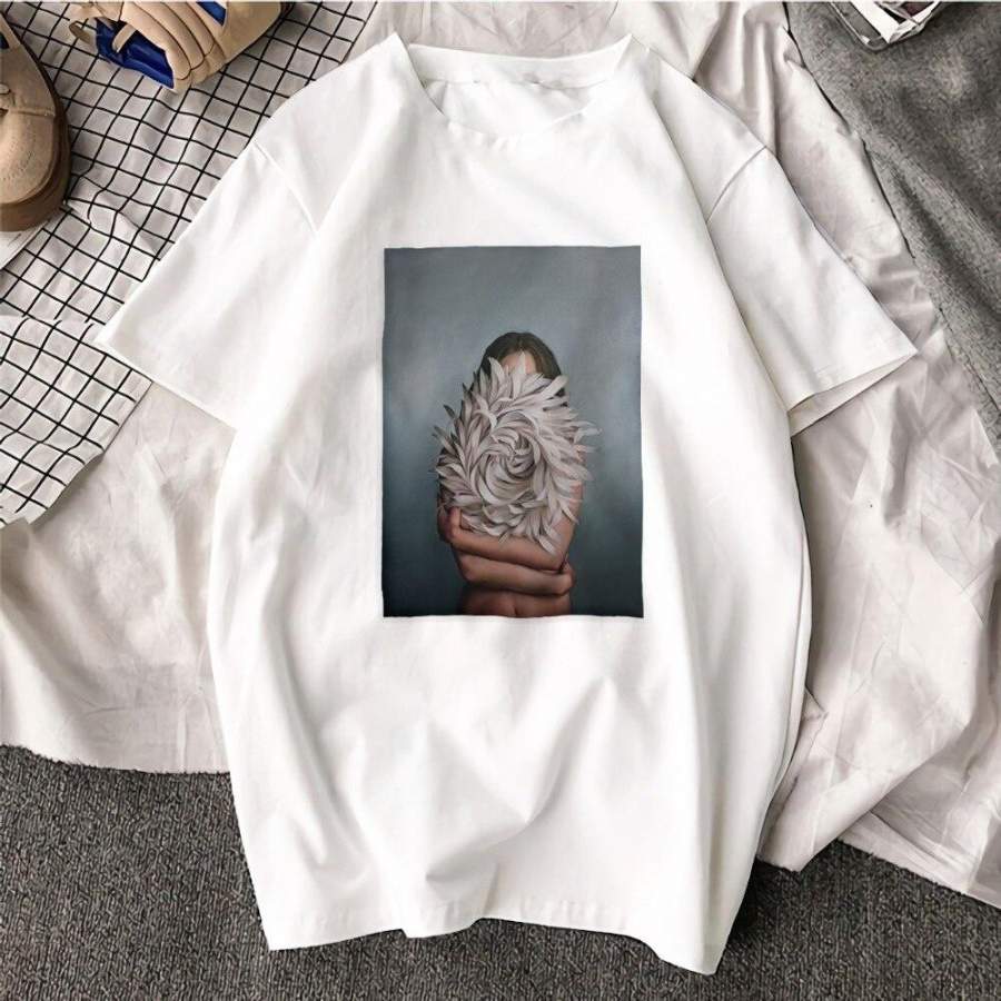 Tops & Tees Cotton Harajuku Aesthetics Tshirt Femme Sexy Flowers Feather Pattern Short Sleeved Casual Vintage T Shirt Women