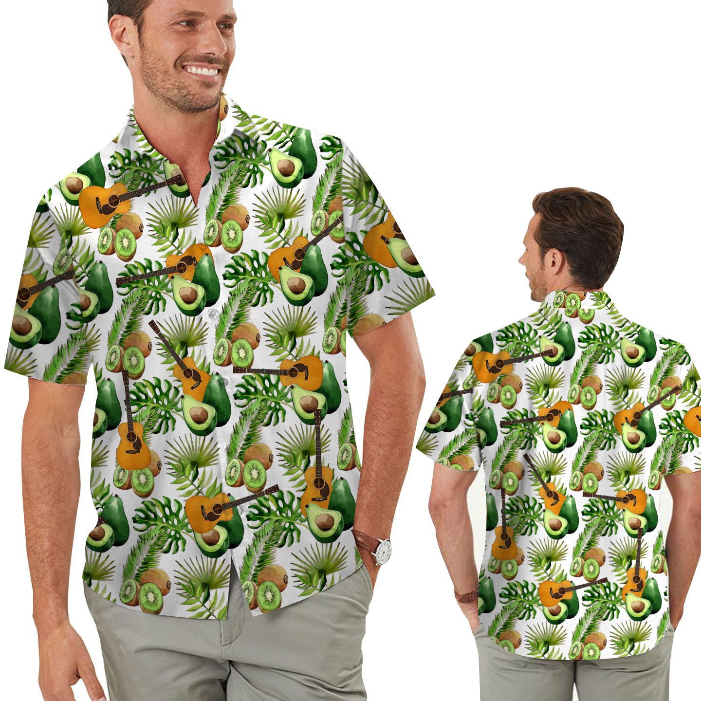 Tropical Avocado And Kiwi Guitar Men Hawaiian Shirt For Guitarist