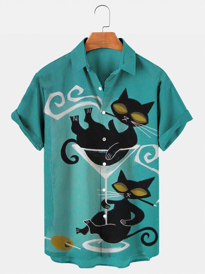 Men’S Vintage Mid-Century Cute Kitten Printed Hawaiian Shirt