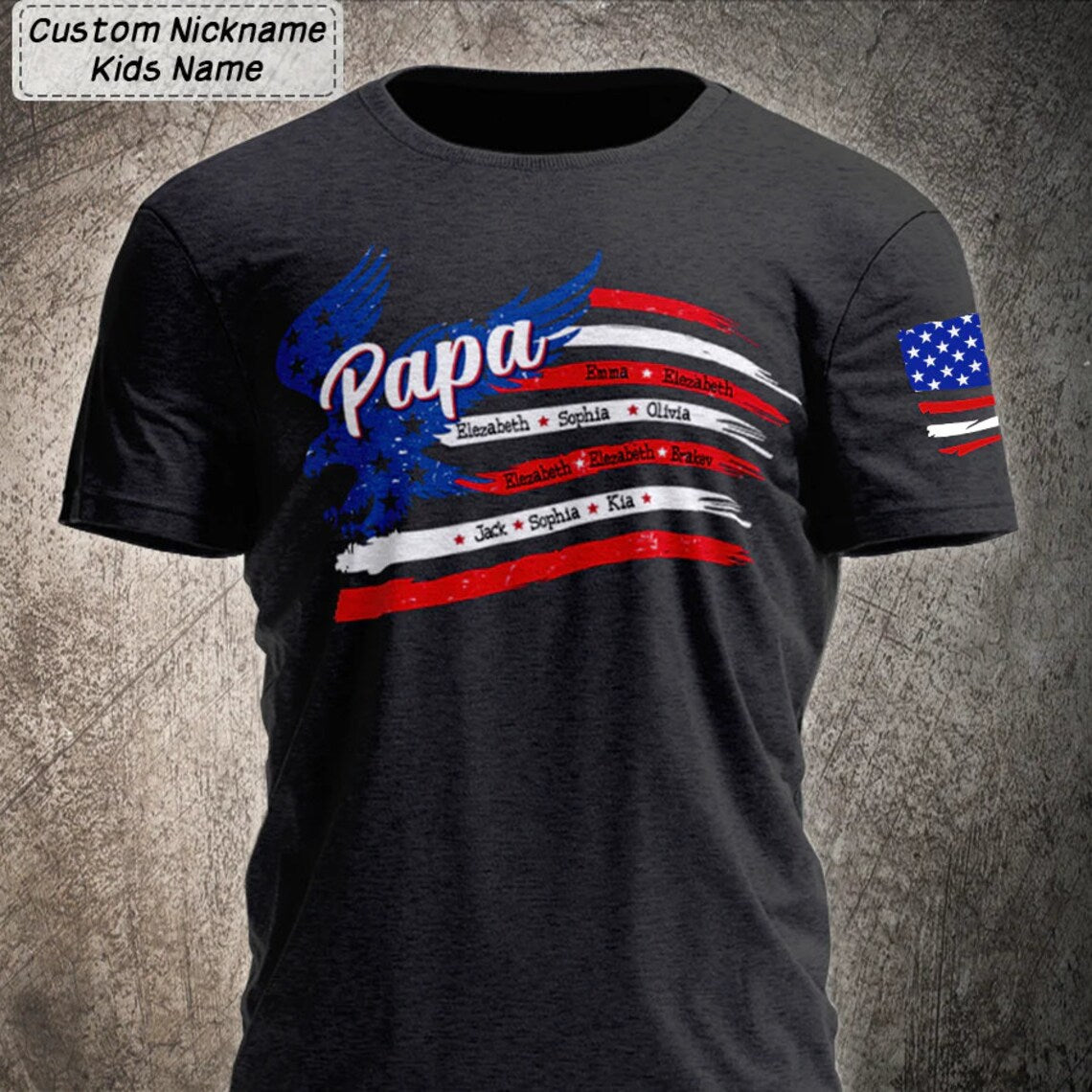 Personalized Papa Shirt, Fathers Day Shirt, Custom Fathers Day T-Shirt, Custom Grandpa Shirt With Flag On Sleeve, Pop Pop Shirt Custom Name