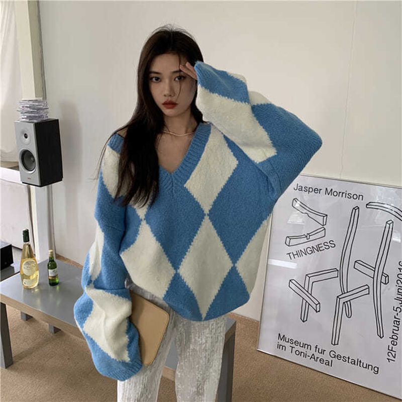 Argyle Sweater V Neck Pullover Knitted Sweater Women Jumper 2022 Autumn Winter New Korean Fashion Sueter Mujer Y2K Wholesale alx