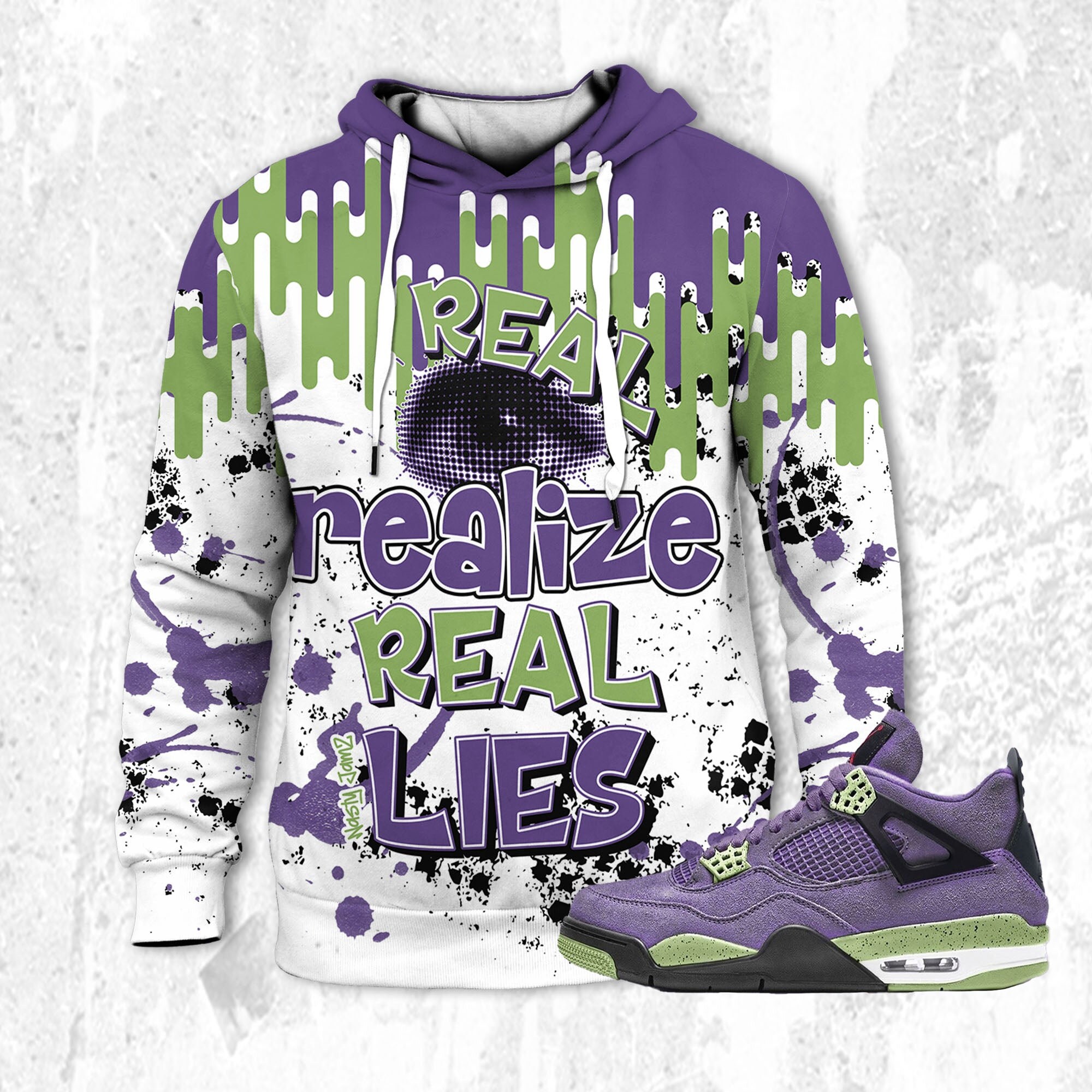 Real Eyes Realize Real Lies 3D Dripin Trendy match Jordan 4 Retro Canyon Purple, Jordan Matchhoodie 3D, Outfit Jordan, funny hoodie 3d
