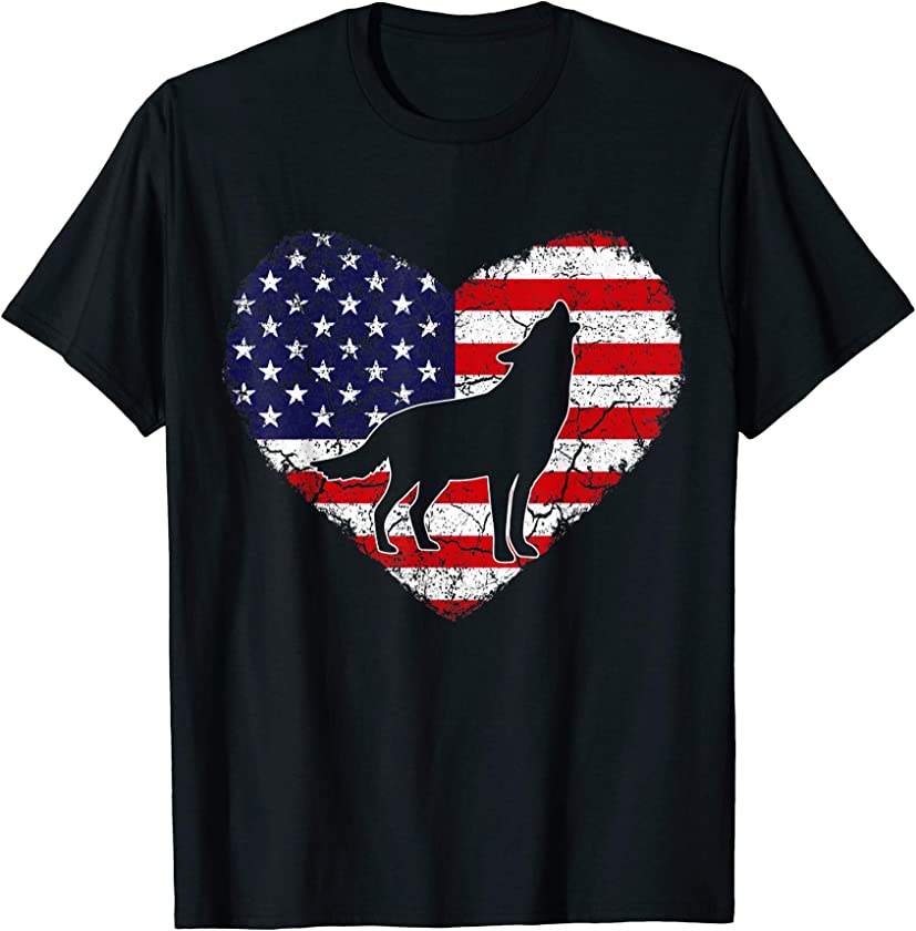 Vintage Coyote Animal Lover American Flag Valentine Heart T-Shirt