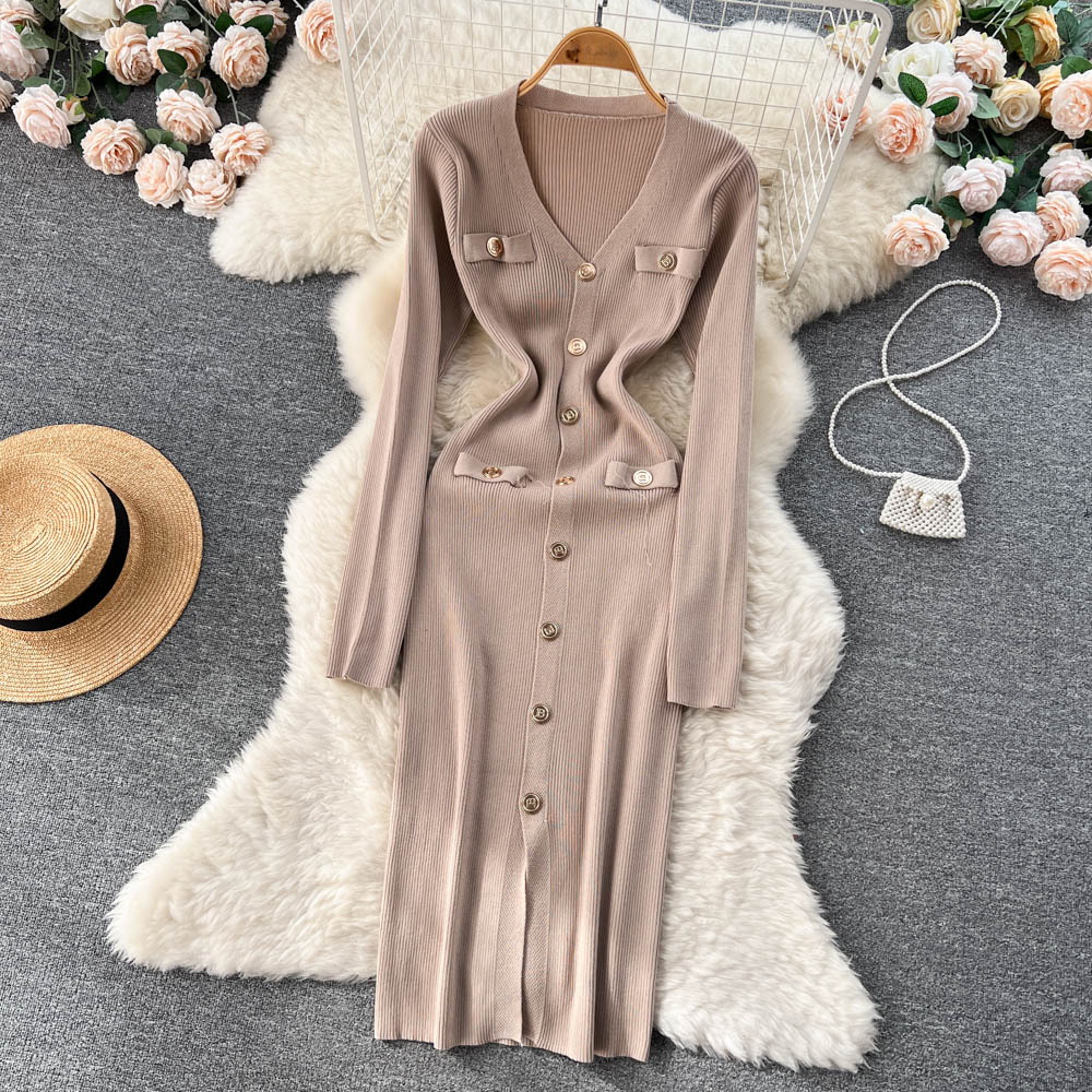 SINGREINY Knit Maxi Dress Elegant Women V Neck Button Long Sleeve Solid Slim Autumn Winter Female Fashion Warm Sweater Dresses alx