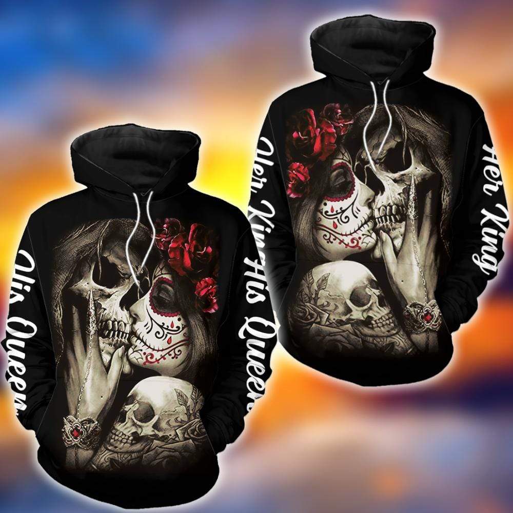 Amazing Red Rose Her King And His Queen Couple Sugar Skull Love Hoodie 3D All over print