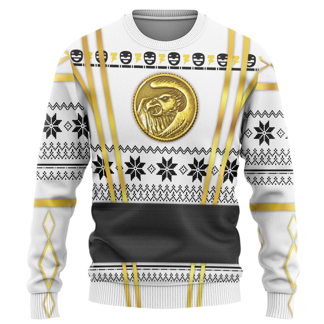 Gearhumans 3D White Ninja Mighty Morphin Power Rangers Custom Ugly Sweater