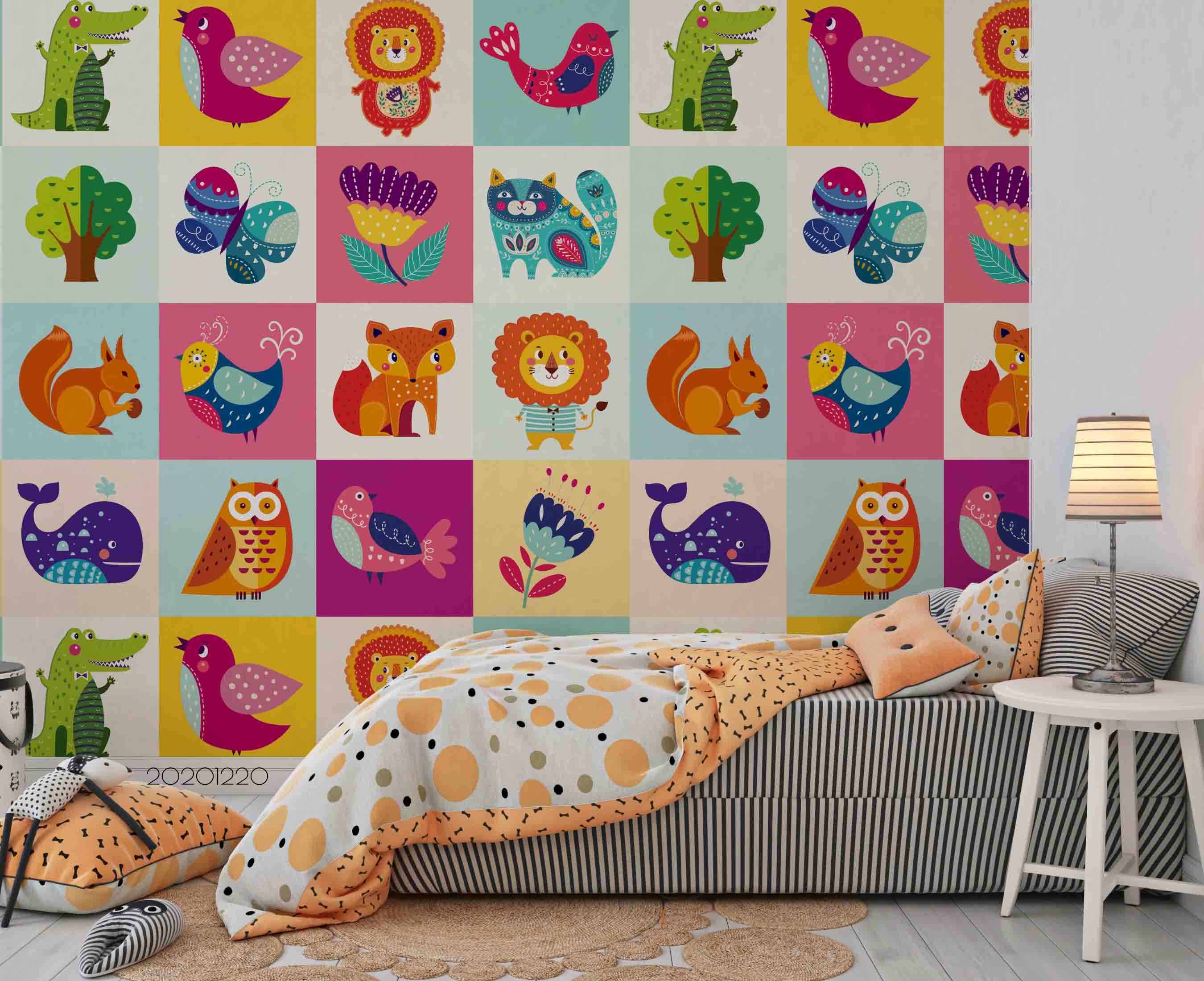 3D Hand Drawn Animal Color Checkered Wall Mural Wallpaper Lqh 136