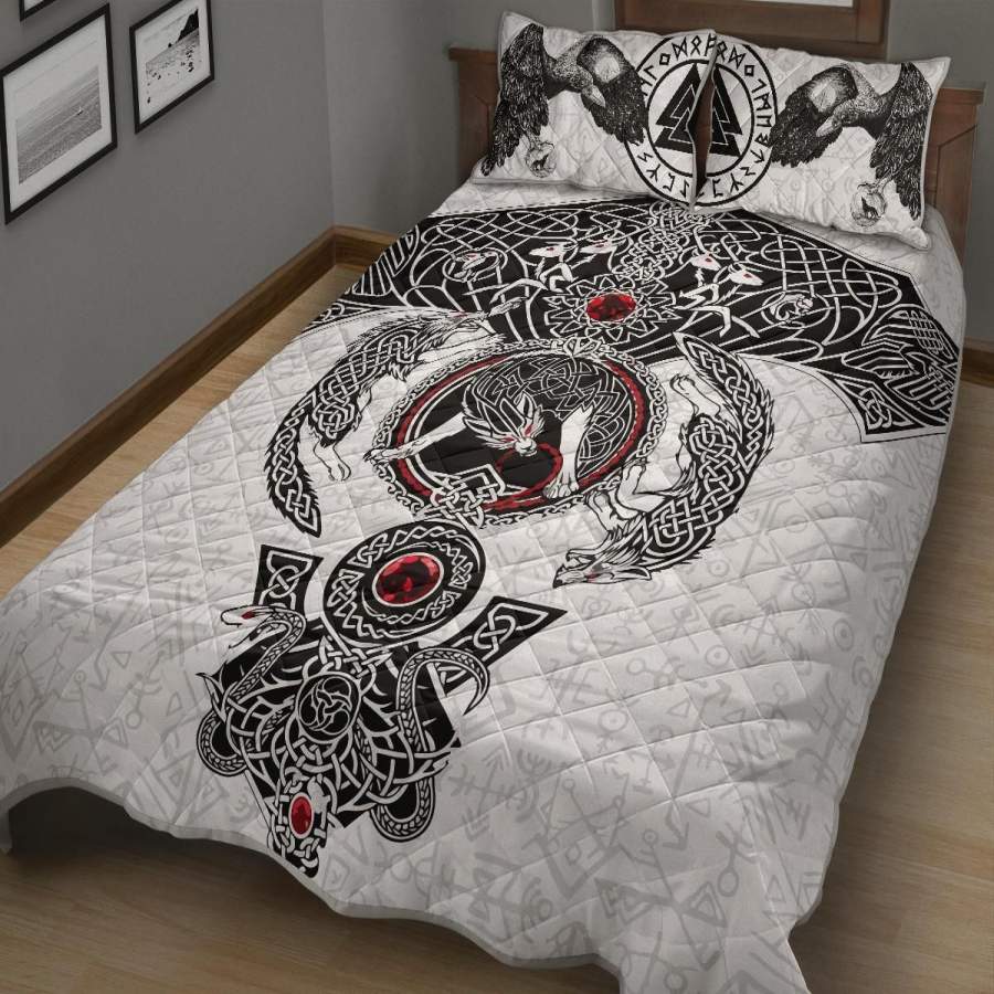 Viking Quilt Bed Set Odin’s Ravens Fenrir Skoll And Hati Valknut