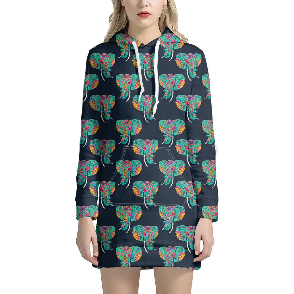 Indian Tribal Elephant Pattern Print Women’S Pullover Hoodie Dress