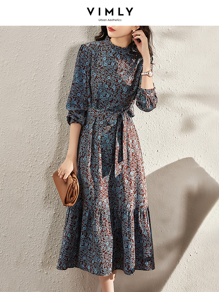 VIMLY Long Sleeve Floral Dress Women 2021 Autumn Elegant Vintage Dresses Office Lady A Line Long Dress Female Vestidos F8750 alx