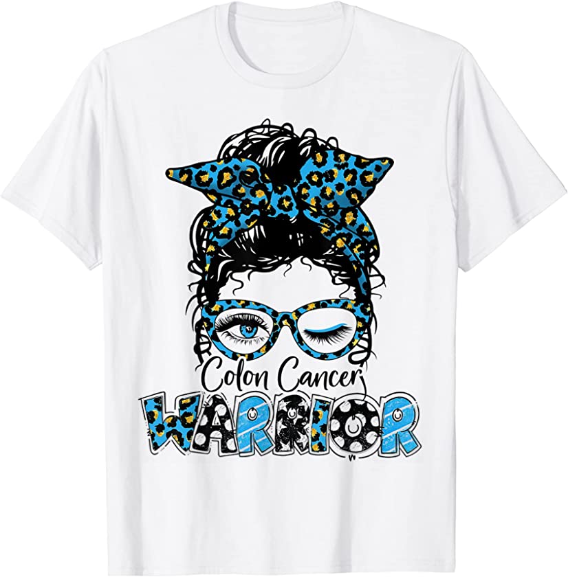 Womens Messy Bun Leopard Colon Cancer Awareness Mom T-Shirt