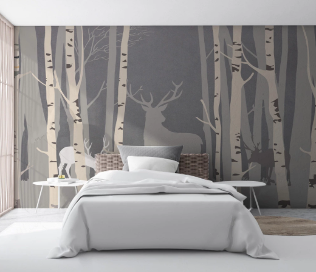 3D Hand Drawn Tree Branch Plant Grey Buck Animal Wall Mural Wallpaper Lxl