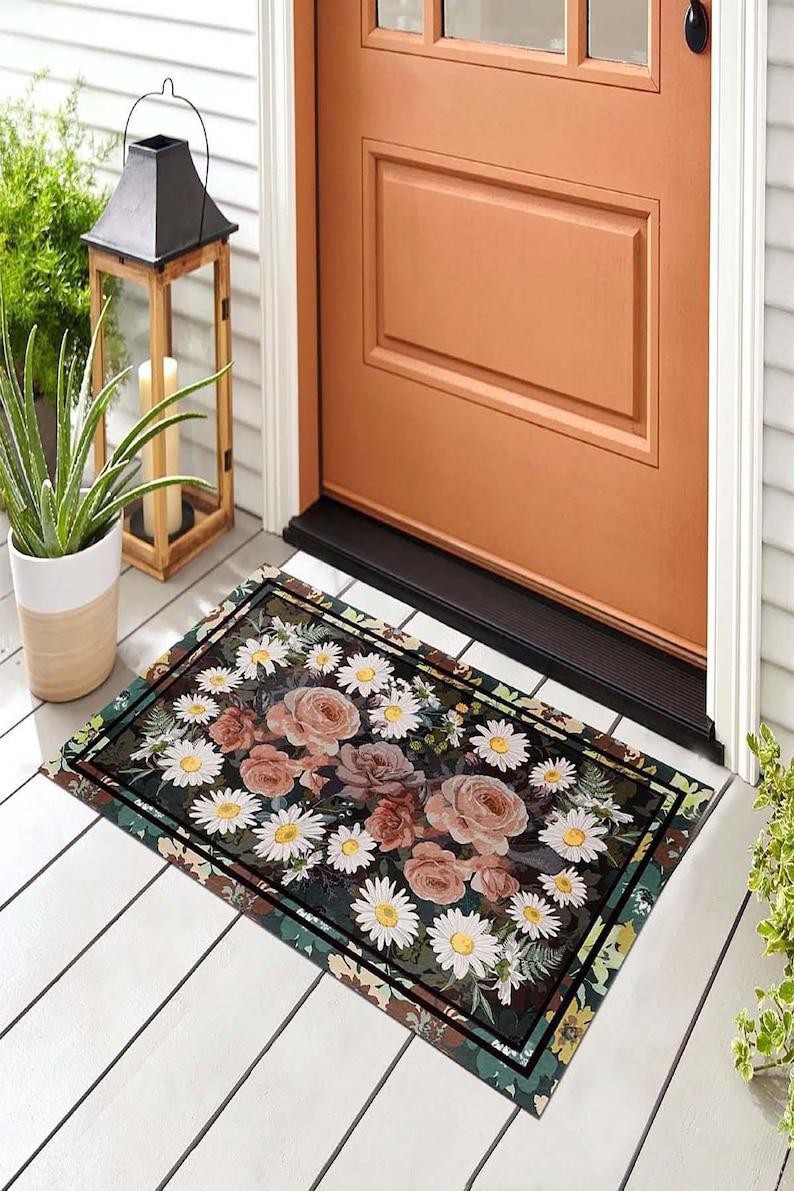 Roses And Daisy Flower Doormat Indoor And Outdoor Mat Entrance Rug Sweet Home Decor Closing Gift Gift For Friend Family Birthday Floral Plant Lovers Gift Idea