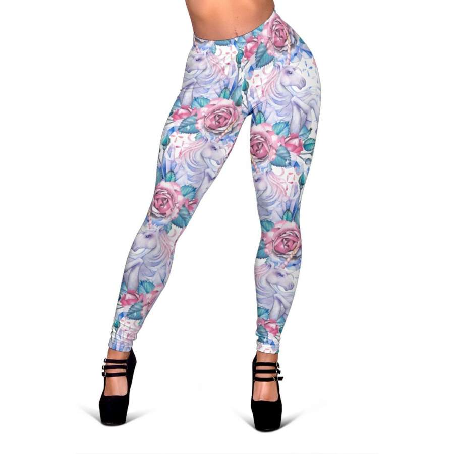 White Fairy Rose Unicorn Pattern Print Women’s Leggings