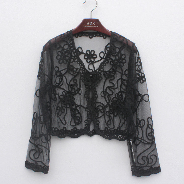 Women Summer Long Sleeve Bolero Jacket Thin Perspective Shawl Shrug Top Pearl Button V Collar Mesh Embroidery Lace Cardigans alx