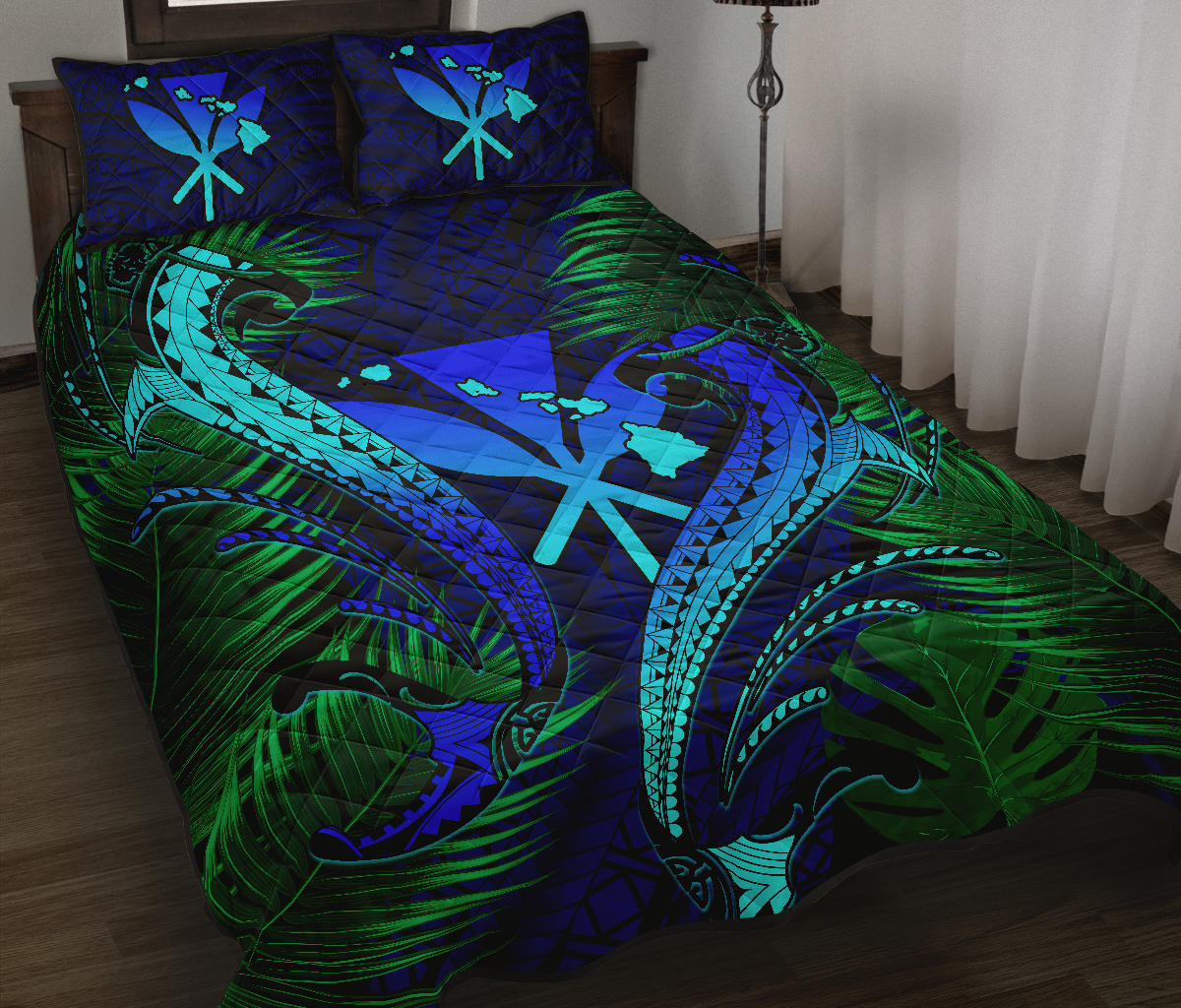 Alohawaii Home Set – Hawaii Shark Polynesian Tropical Quilt Bed Set – Blue – Ah – J4