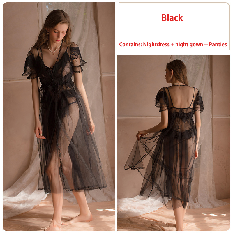 women pajamas sexy pajamas dress see-through mesh two-piece seduction nightgown women see through sleepwear sexy Dress Nightgown alx