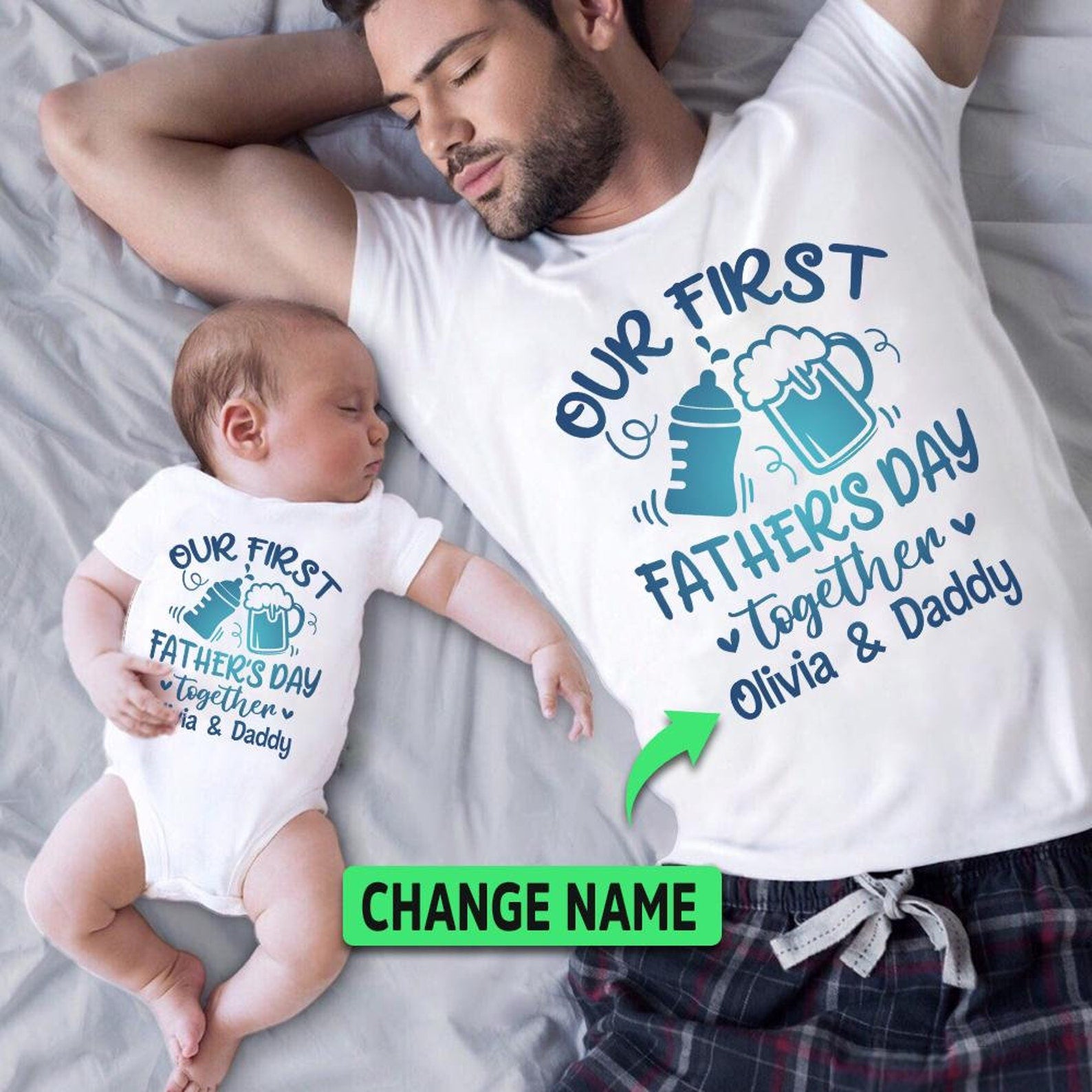 Personalized Matching T-Shirt & Baby Onesie Our First Father’S Day Funny Milk & Beer Printed Custom Name Daddy & Baby Set