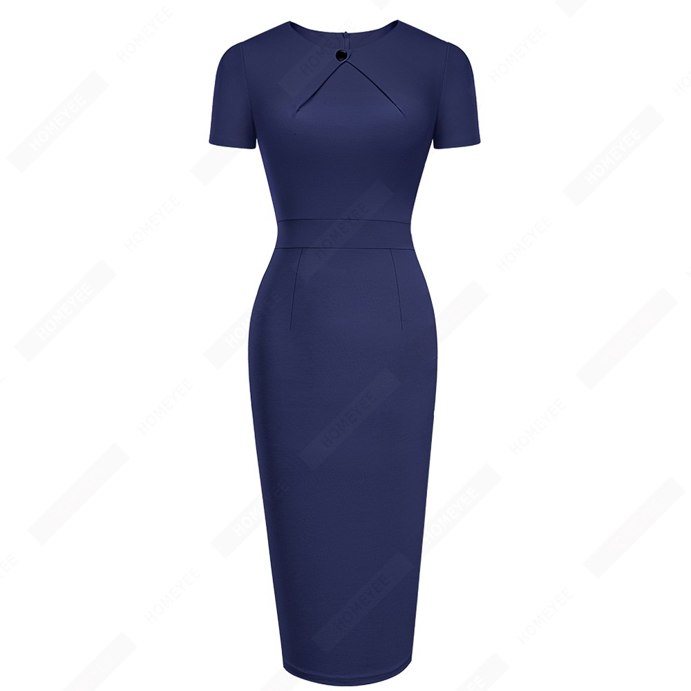 Women Brief Wear to Work Pure Color Round Neck Button Lady Bodycon Office Pencil Dress 1EB640 alx