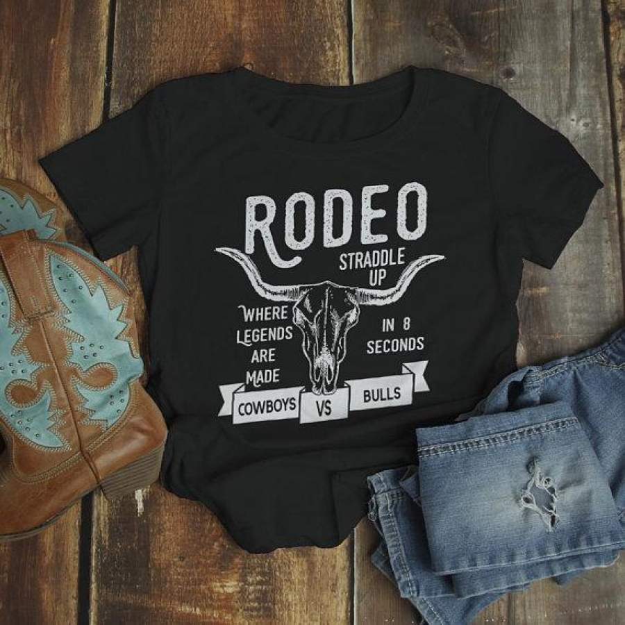 Women’s Rodeo T Shirt Cowboys Vs. Bulls Shirt Vintage Cow Skull Graphic Tee Straddle Up