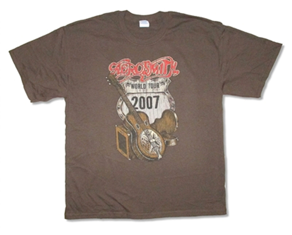 Aerosmith – Rare -Distressed Guitar-World Tour 2007  – Brown T-Shirt