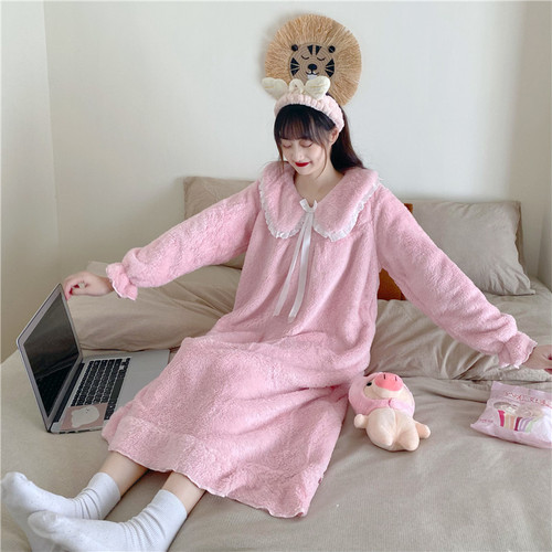 Women Pink Coral Fleece Nightgowns Over Knees Sweet Lace Bow Long Sleeve Sleepshirts Student Baggy Comfortable Homewear Cute Ins alx