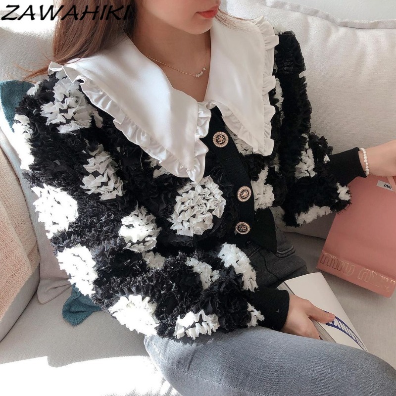 ZAWAHIKI Women’s Short Clothes Spring and Autumn Retro Fashion Three-dimensional Elegant Flower Puff Long Sleeve Cardigan Tops alx