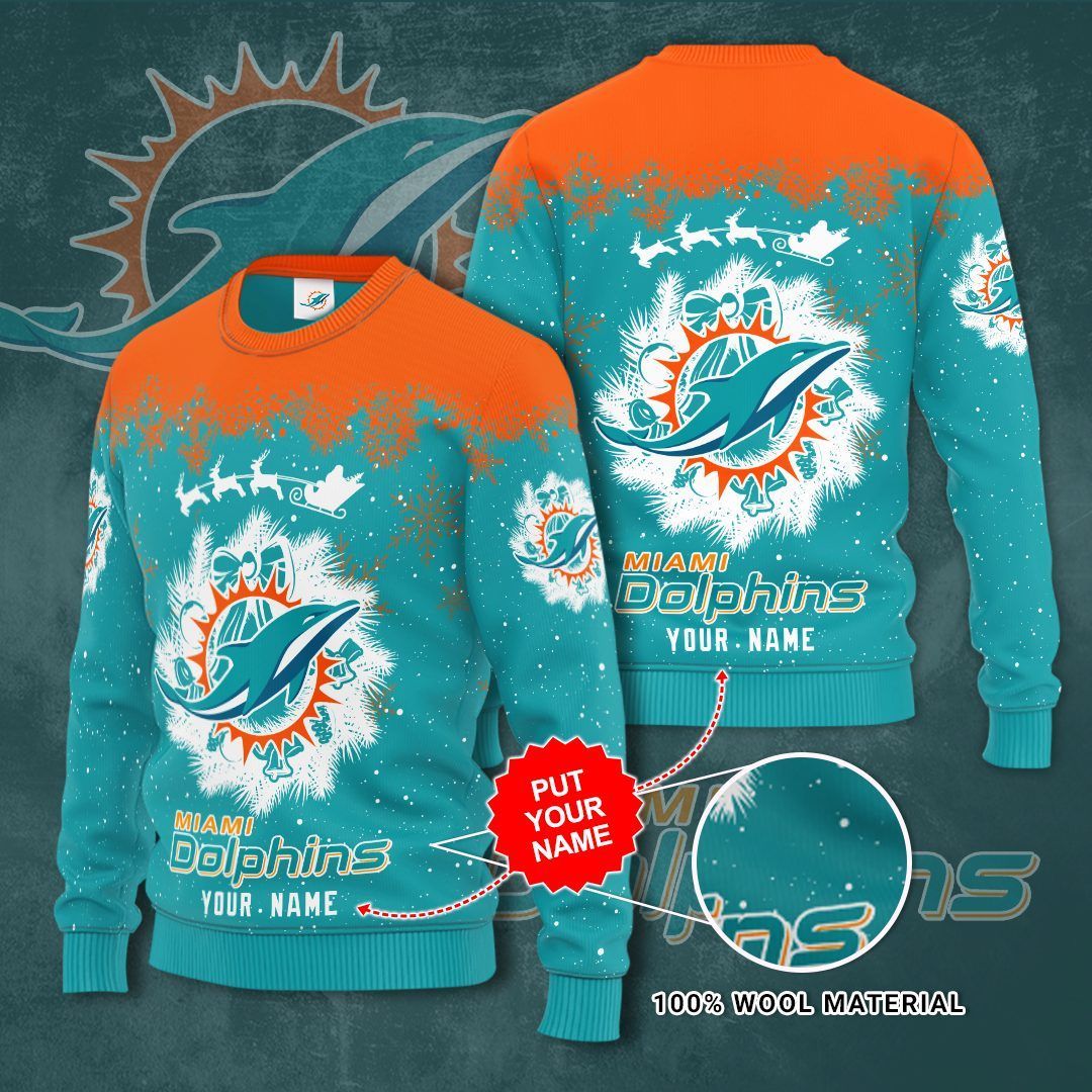 Miami Dolphins Custom Name Aqua Orange Gift For Fan Ugly Wool Sweater Christmas