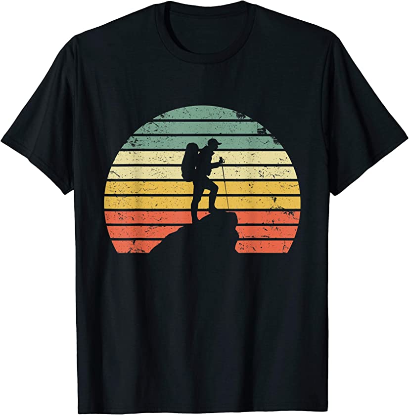 Vintage Hiking T Shirt Hiker on Rock Retro Sunset Silhouette T-Shirt