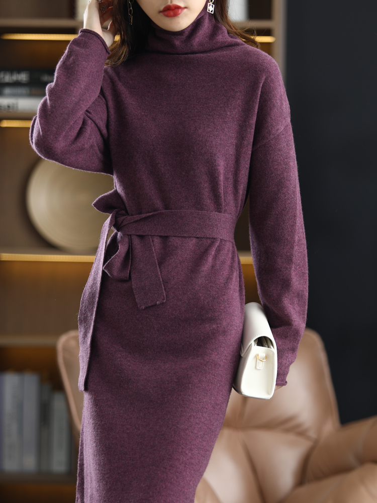 21 The new pullover 100% wool ladies dress solid color long-sleeved knitted fashion slim long high-neck cashmere dress sweater alx