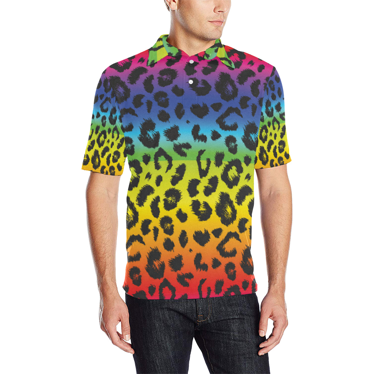 Rainbow Leopard Pattern Print Design A01 Men Polo Shirt